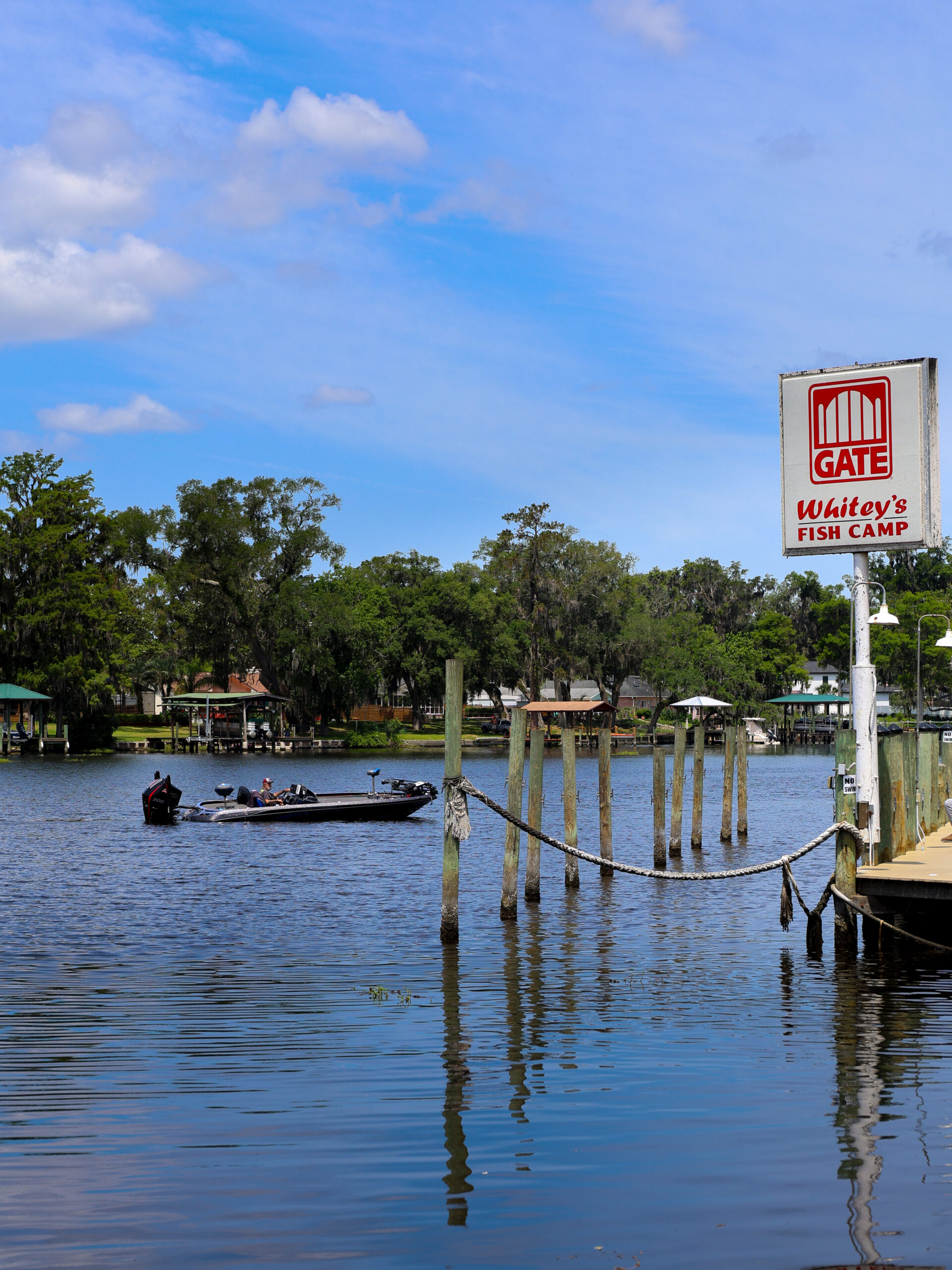 A scenic outdoor shot of a wide waterway under a bright blue sky with scattered clouds. On the right, a wooden dock features a white sign with red lettering that reads "GATE Whitey's Fish Camp." Wooden pylons connected by a thick rope stand in the water, and a bass boat with a single driver cruises in the background near a tree-lined shore with docks.