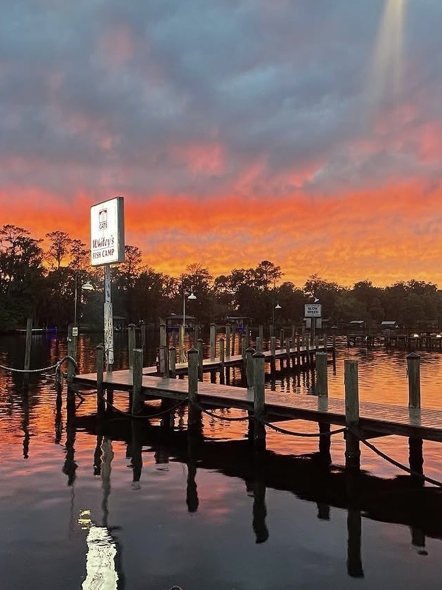 A vibrant sunset over a calm body of water with a wooden boat dock in the foreground. The sky is filled with dark clouds illuminated by a brilliant, fiery orange and pink glow, which reflects on the water's surface. On the left side of the dock, a tall white sign reads "Whitey's Fish Camp."